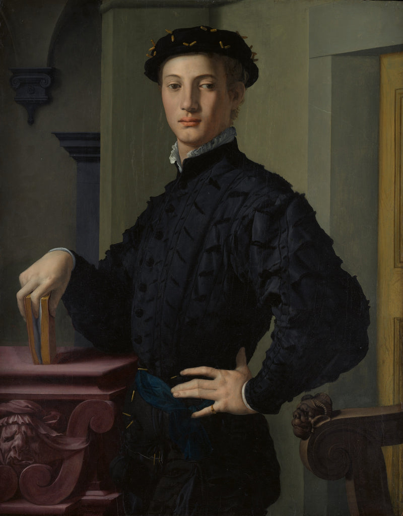 Portrait of a Young Man with a Book by Bronzino: a young man in black satin, hand on hip, holding a small book