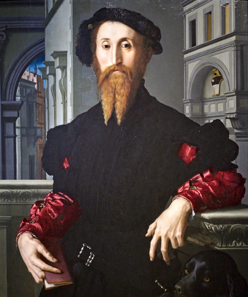 Portrait of Bartolomeo Panciatichi by Bronzino: a bearded man in black and red silk with a book and a dog