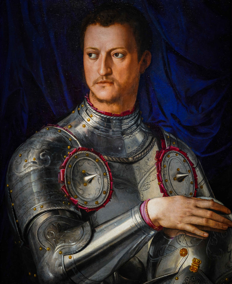 Portrait of Cosimo I de’ Medici in Armour by Bronzino: a young duke in polished steel armour before a deep blue curtain