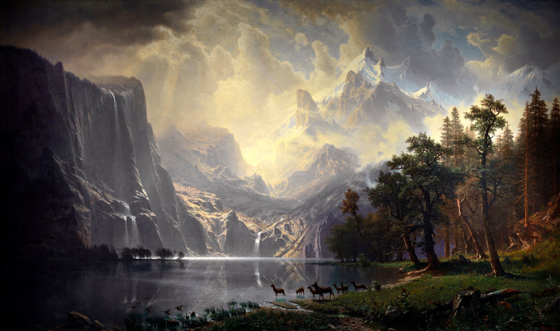 Among the Sierra Nevada, California by Albert Bierstadt: sunbeams over mountains, a waterfall and a still lake with animals