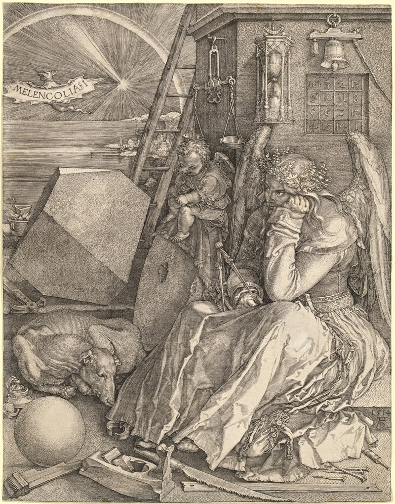 Melencolia I by Albrecht Dürer: a winged woman sits with her head in her hand among tools, a ladder, a bell and a rainbow