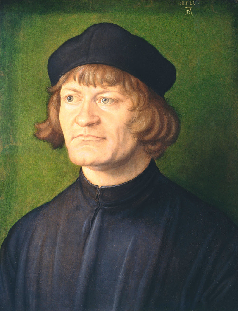 Portrait of a Clergyman by Albrecht Dürer: a man with reddish hair in a black cap and gown against a green background