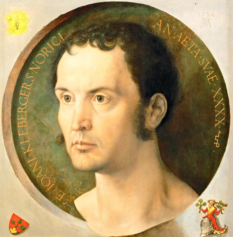 Portrait of Johann Kleberger by Dürer: a man’s head like a bust in a round green medallion, coats of arms in the corners