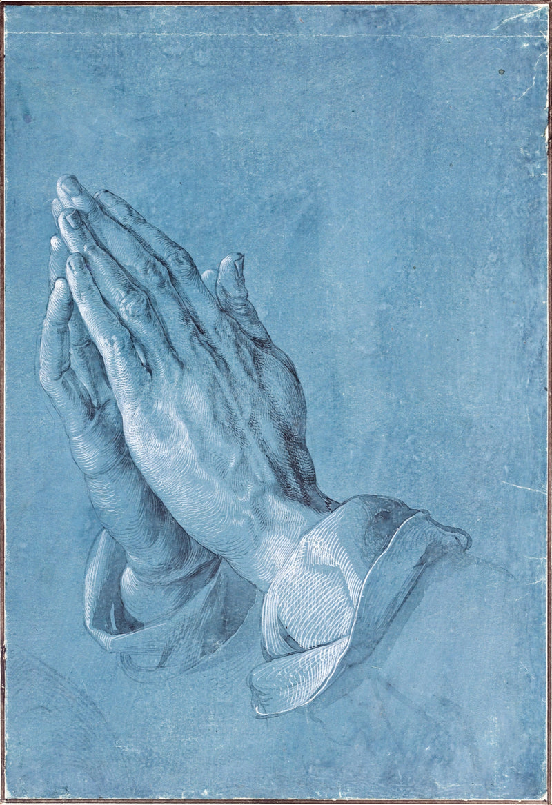 Praying Hands by Albrecht Dürer: two hands pressed together in prayer, sleeves rolled back, in black and white on blue