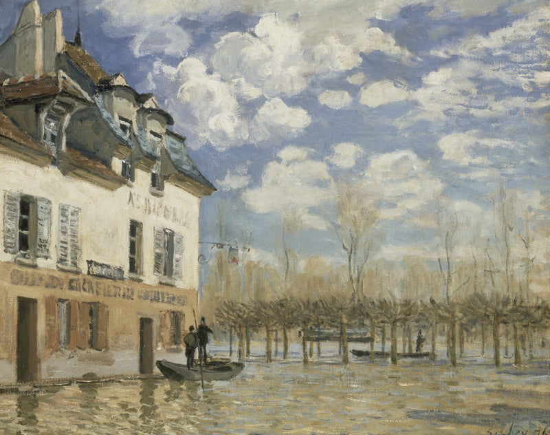 Boat in the Flood at Port-Marly by Alfred Sisley: a boat with figures floating in floodwater beside a house under a pale sky