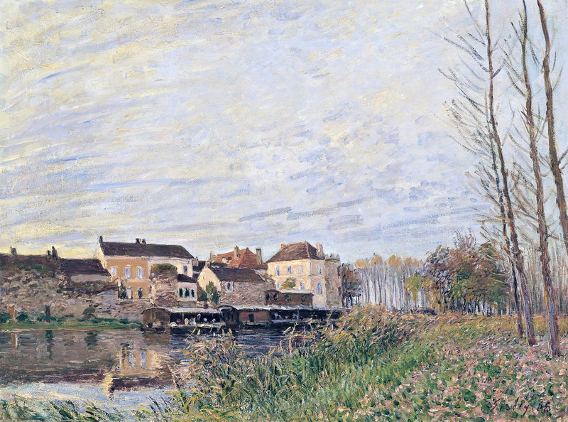 Evening in Moret by Sisley: a pale violet and yellow sky over a river, bare trees, a laundry boat and town houses