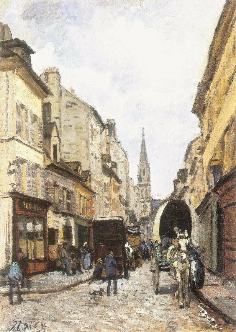 The Grand-Rue in Argenteuil by Sisley: a narrow street of tall cream houses, people, a white horse and cart, a church spire