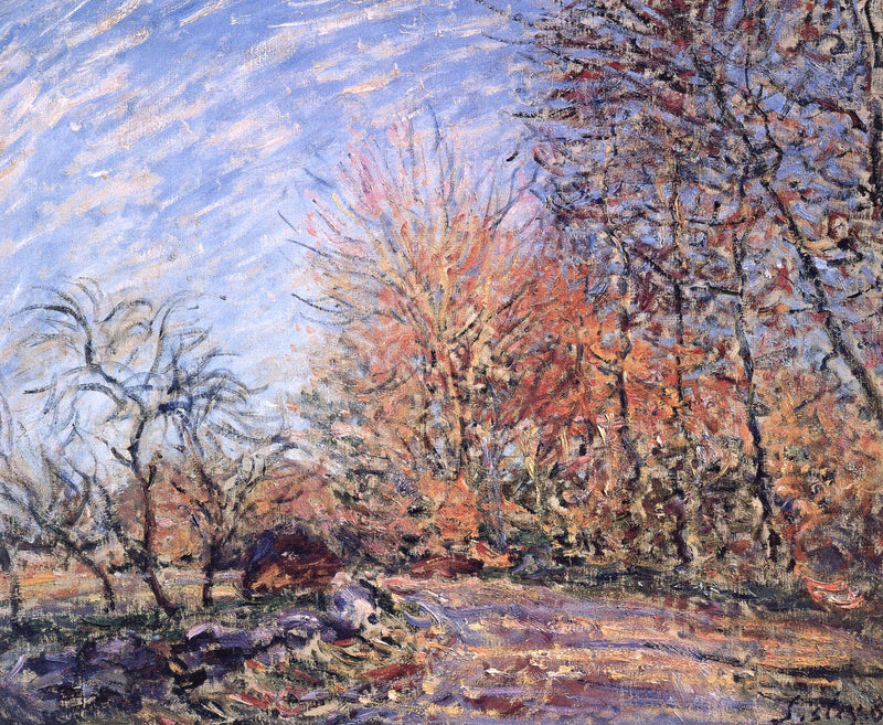 The Outskirts of the Fontainebleau Forest by Sisley: red and gold trees and a path at the edge of a forest, blue sky