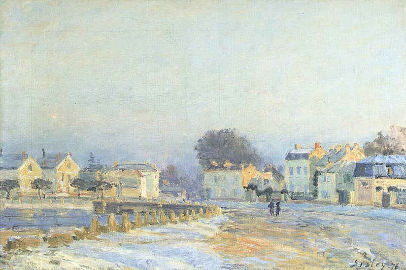 The Watering Pond at Marly with Hoarfrost by Sisley: a pale frosty pond, cream village houses and a misty blue winter sky