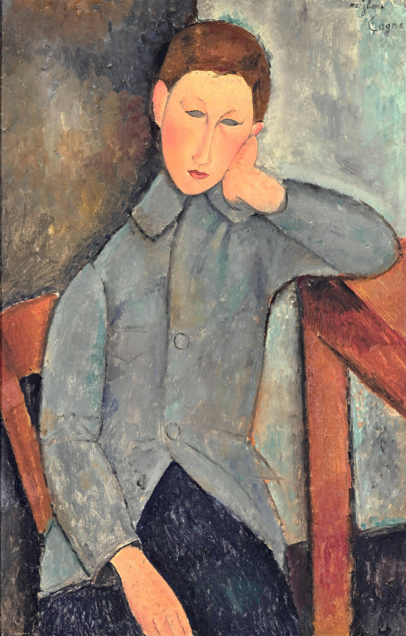 The Boy by Modigliani: a young man in a grey-blue shirt seated with his head resting on his hand, elbow on a table
