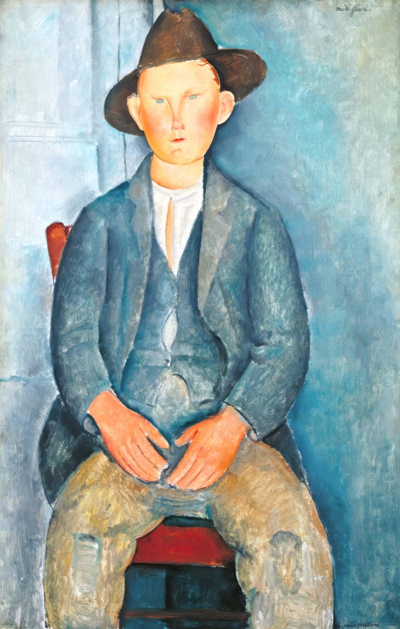 The Little Peasant by Modigliani: a seated young man in a blue jacket and brown hat, hands on his knees, against blue