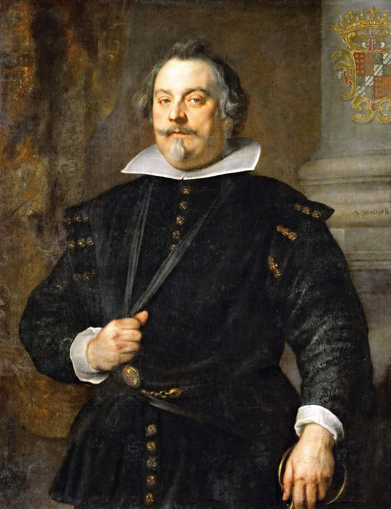 Francisco de Moncada by van Dyck: a man in black with a white ruff and gold buttons, one hand at his chest, a column