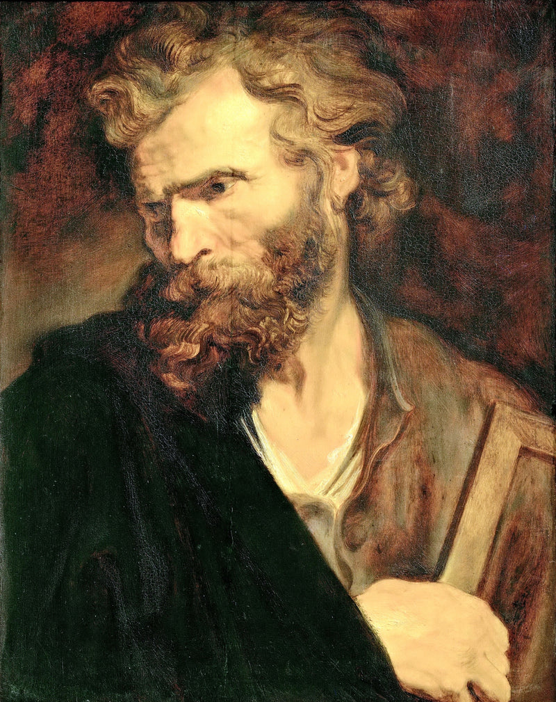 The Apostle Judas Thaddeus by van Dyck: a bearded man with wild hair in brown, a book under his arm, against a dark ground