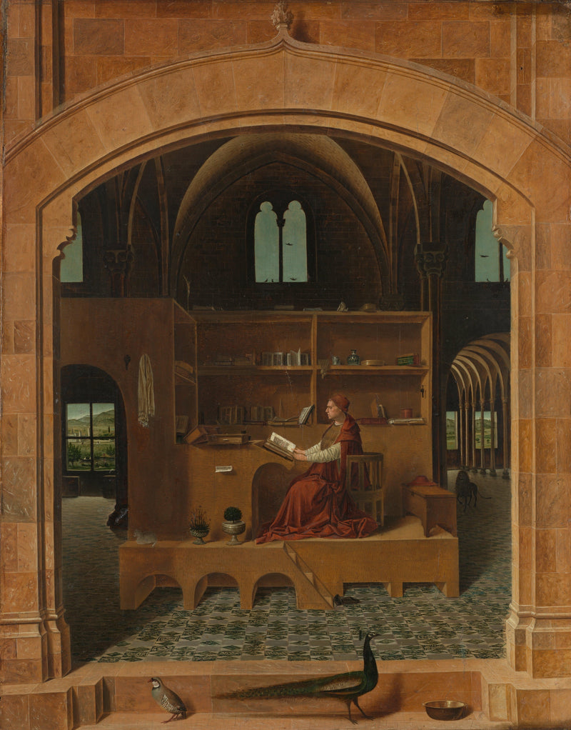 Saint Jerome in His Study by Antonello da Messina: a saint reads at a desk inside a stone arch, a peacock on the step
