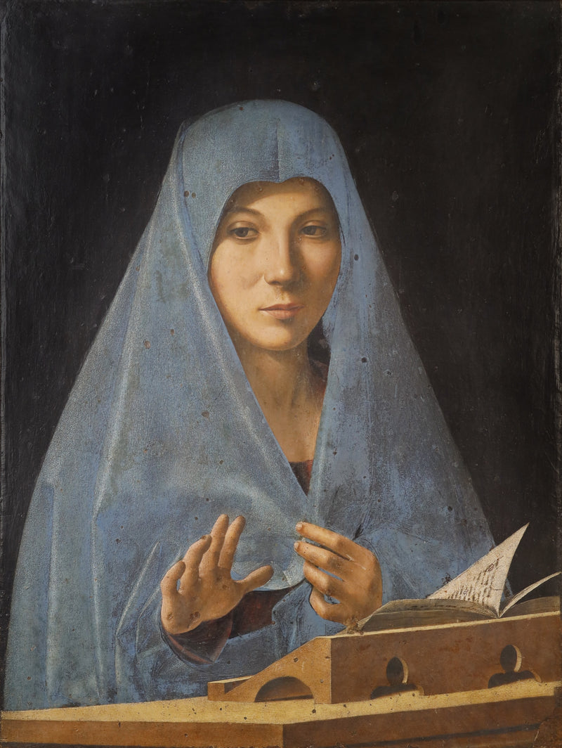 Virgin Annunciate by Antonello da Messina: Mary in a blue mantle raises one hand, an open book on a lectern before her