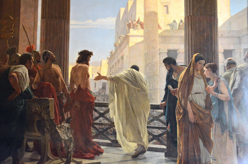 Ecce Homo by Antonio Ciseri: Pilate on a sunlit balcony presenting Christ, seen from behind, to the crowd below