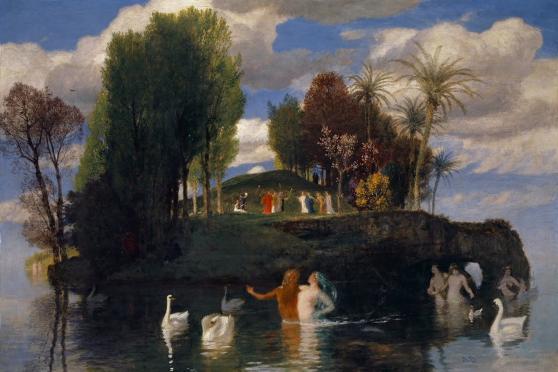 Isle of Life by Arnold Böcklin: a green island with trees and dancing figures, swans and bathers in the water, summer clouds