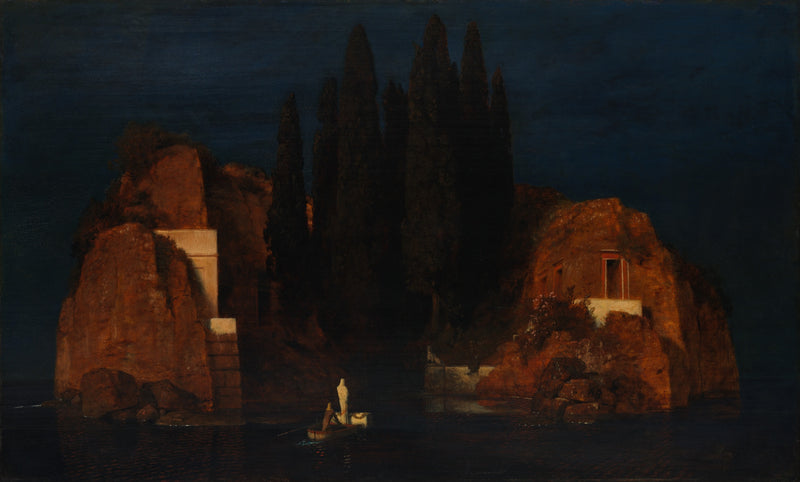 Isle of the Dead by Arnold Böcklin, Met version: a small boat with a white figure rows towards a dark island of cypresses