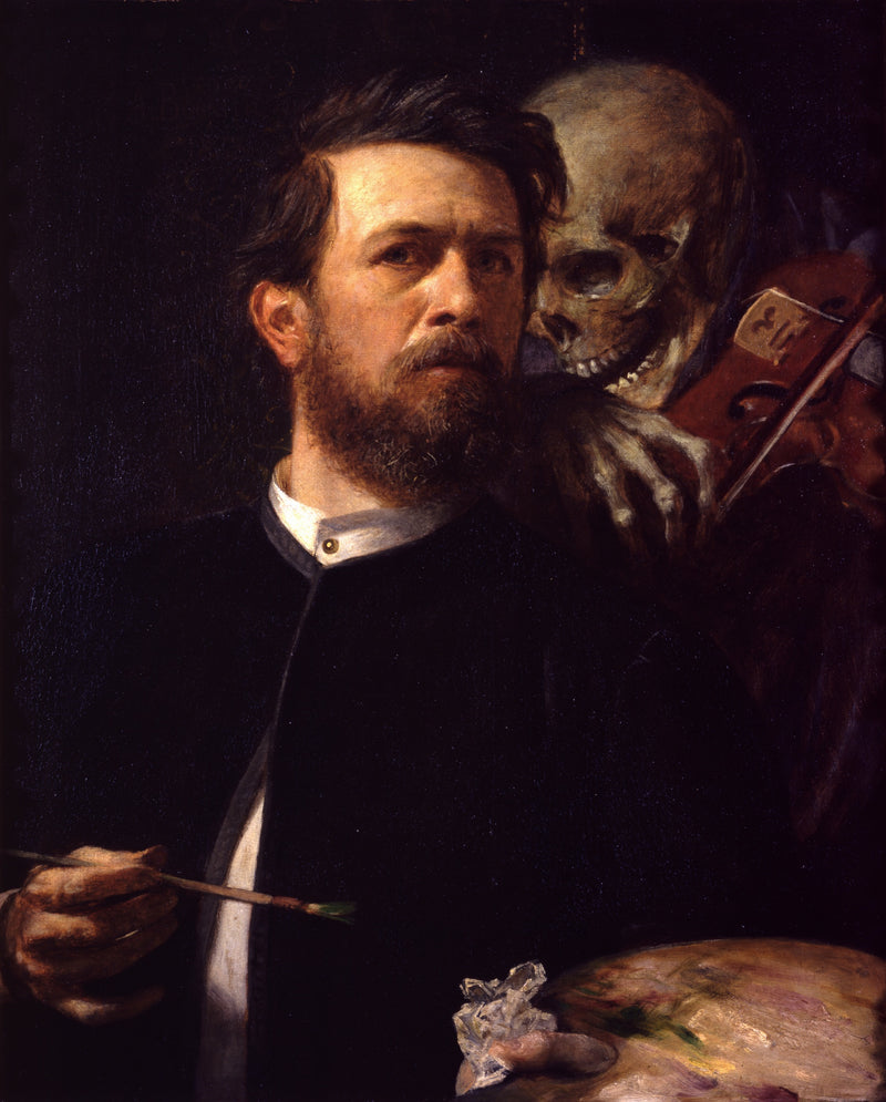 Self-Portrait with Death Playing the Fiddle by Arnold Böcklin: a bearded painter, a skeleton fiddling behind him