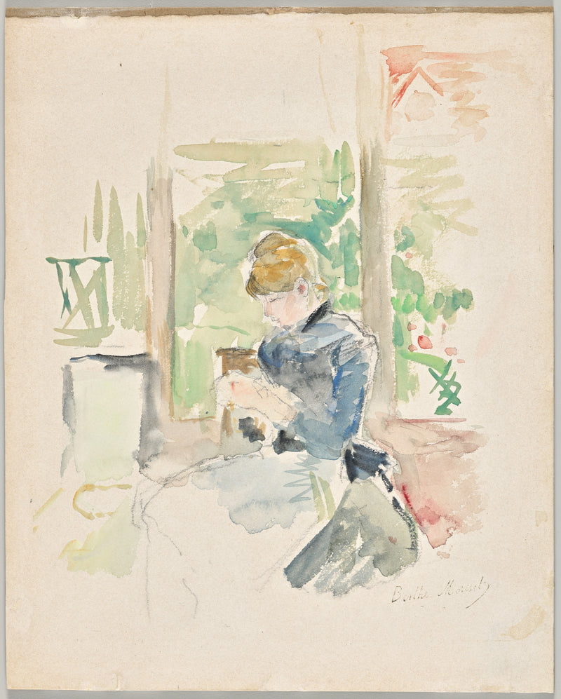 Sewing near the Window by Berthe Morisot: a watercolour of a woman sewing beside a window full of green leaves
