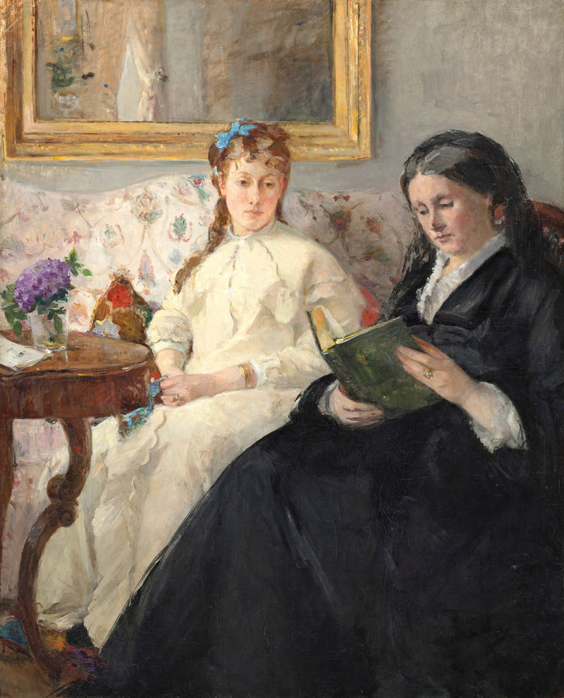 The Mother and Sister of the Artist by Berthe Morisot: a woman in black reading beside a young woman in a white dress