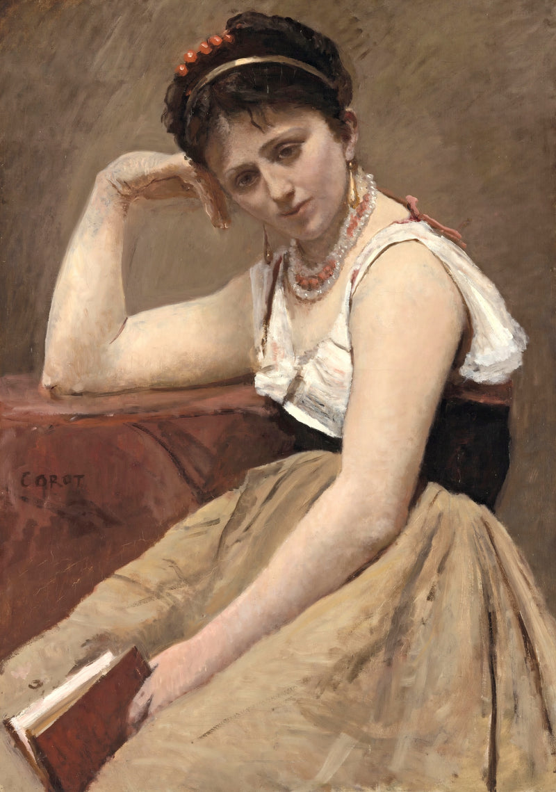 Interrupted Reading by Corot: a young woman in a white blouse and long skirt leaning on her arm, a red book in her hand