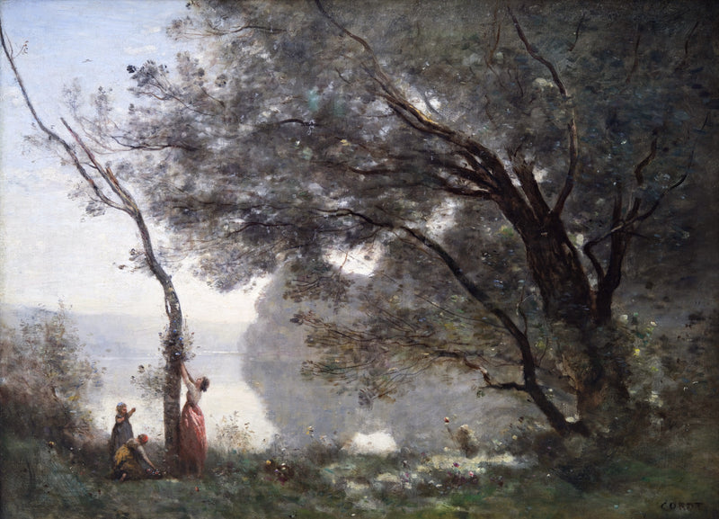 Souvenir de Mortefontaine by Corot: a woman reaching into a slim tree by a misty lake, children below, a great tree at right