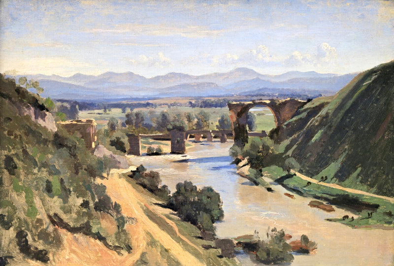 The Bridge at Narni by Corot: a broken Roman arch over a pale river, green hills and blue mountains under a bright sky