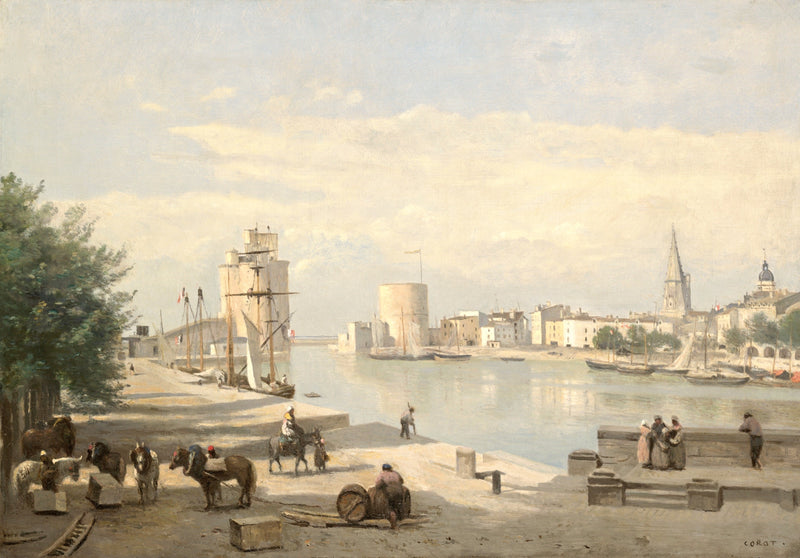 The Harbor of La Rochelle by Corot: a sunny quay with horses and barrels, stone towers and ships across a calm harbour