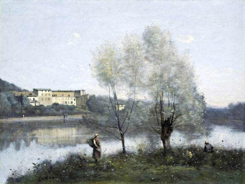 Ville-d’Avray by Corot: pale willows by a calm pond, white houses on the far shore reflected in the water, two figures