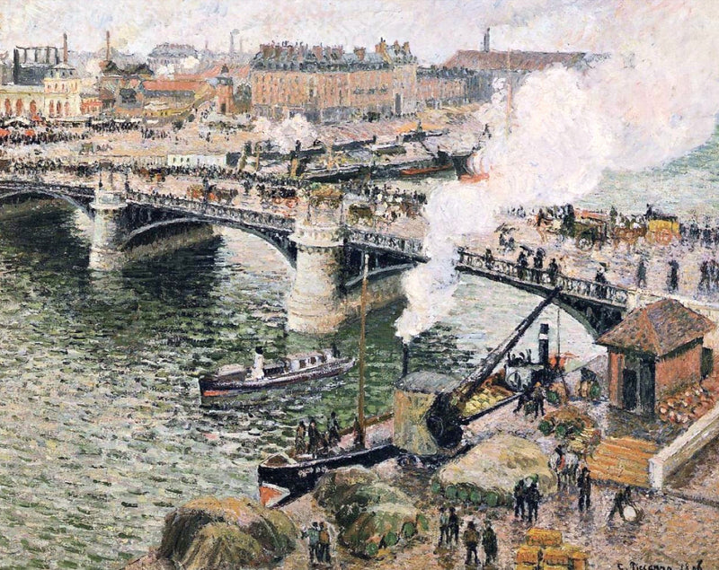 Pont Boieldieu in Rouen by Pissarro: an iron bridge over a grey-green river, steam rising, crowds and cranes on the quays