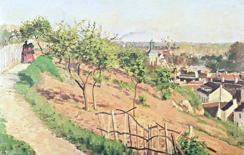 La Ruelle des Poulies by Pissarro: a path along a sunny slope with young trees, two figures and the roofs of Pontoise below
