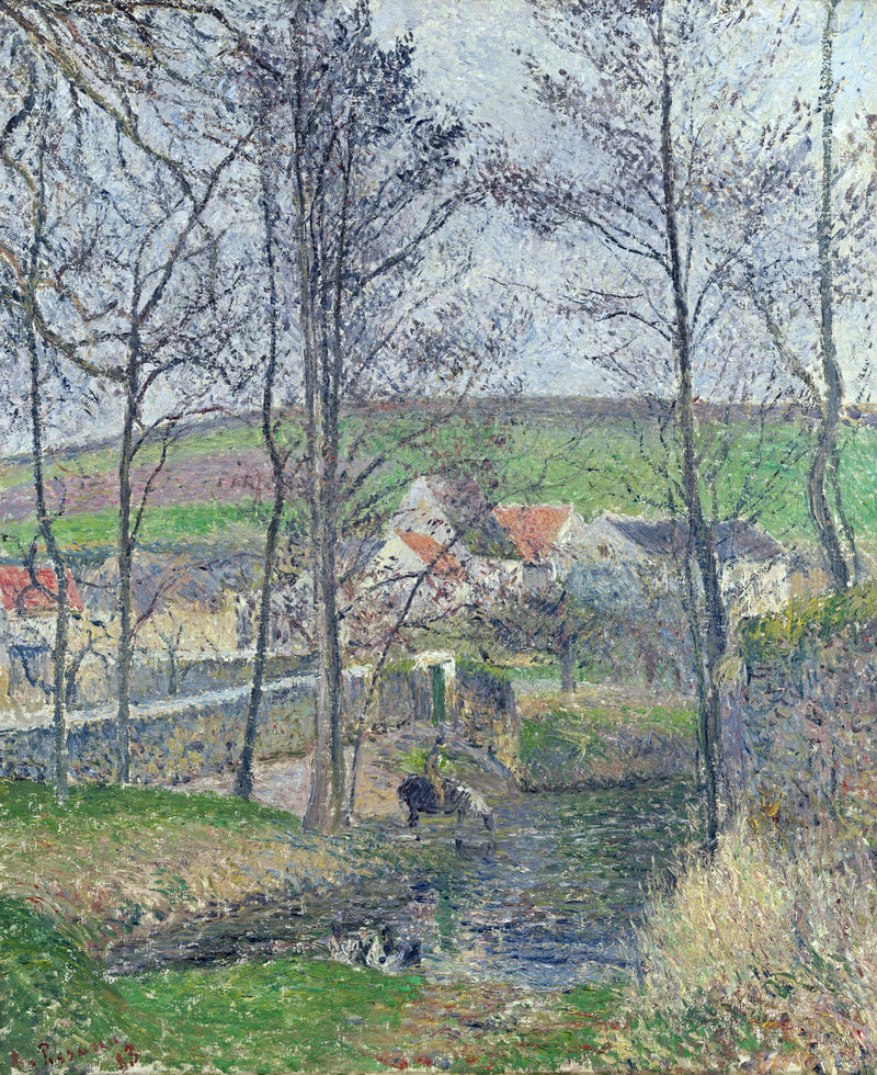 The Banks of the Viosne at Osny by Pissarro: bare winter trees by a stream, red village roofs and green fields beyond