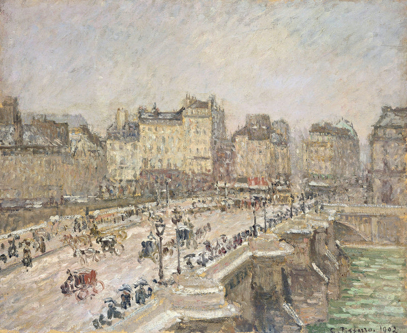 The Pont-Neuf, Effect of Snow by Pissarro: the snowy Paris bridge with carriages, a car and people under umbrellas