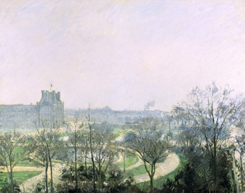 The Tuileries Gardens, Paris by Pissarro: the gardens from above, bare trees, paths and a pale sky over Paris
