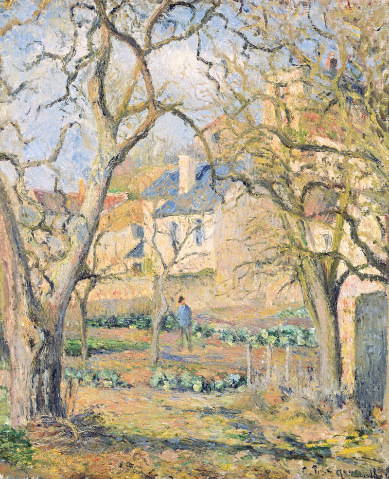 Vegetable Garden by Pissarro: a cabbage patch framed by spreading bare trees, a pale house and soft sky behind