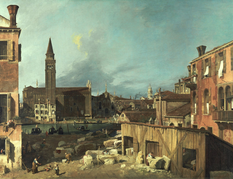 The Stonemason's Yard by Canaletto: stone blocks in a Venetian square, laundry at windows, a church across the canal