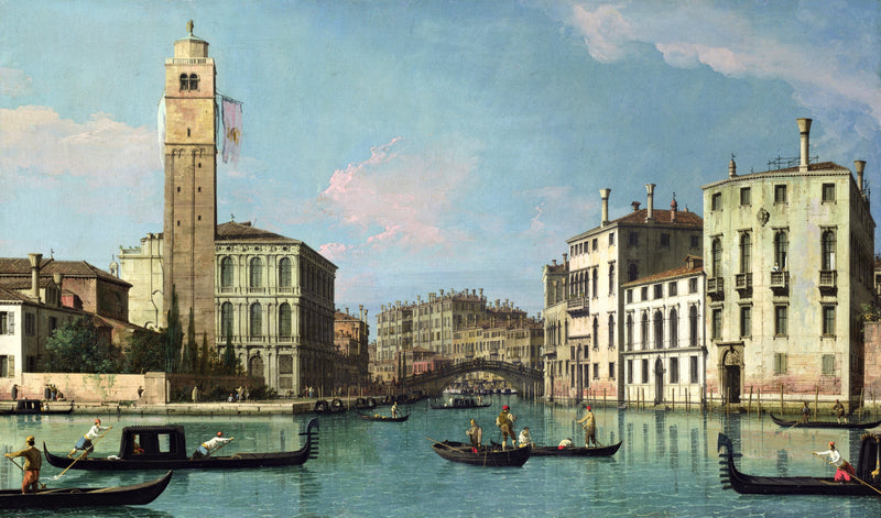Entrance to the Cannaregio by Canaletto: gondolas on a canal before a bell tower, palaces and a stone bridge in Venice
