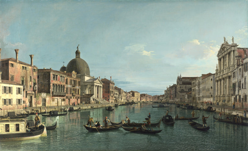 The Grand Canal with S. Simeone Piccolo by Canaletto: a domed church, palaces and gondolas on the canal under a blue sky