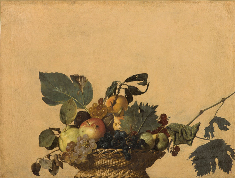 Basket of Fruit by Caravaggio: a wicker basket of grapes, figs, apple, pear and leaves on a ledge against a pale gold wall