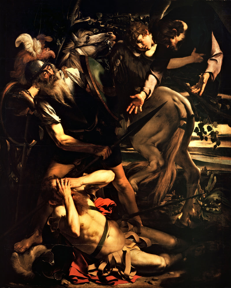 The Conversion of Saint Paul by Caravaggio: Saul fallen on the road, a soldier, a horse, and Christ held by an angel