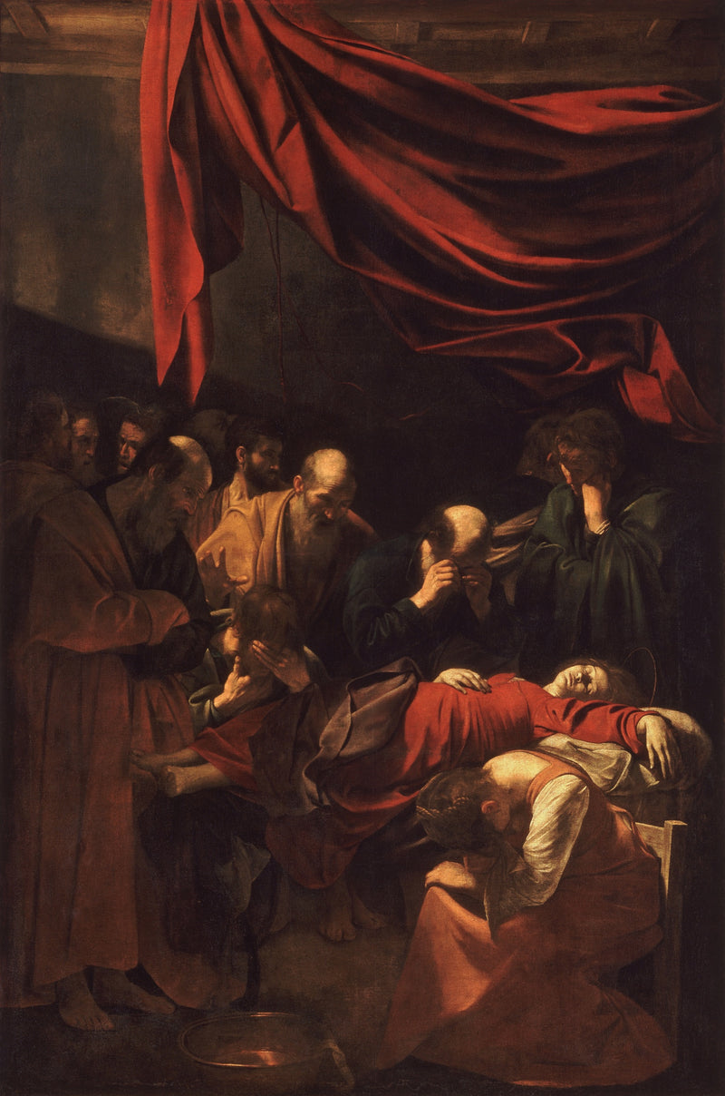 Death of the Virgin by Caravaggio: Mary in a red dress lying dead, apostles grieving around her under a huge red curtain
