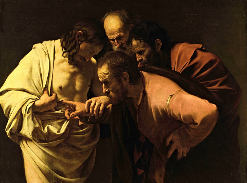 The Incredulity of Saint Thomas by Caravaggio: Thomas pushing his finger into Christ’s wound as two apostles lean in to look