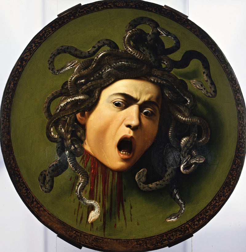 Medusa by Caravaggio: a screaming head with snakes for hair, painted on a round green shield