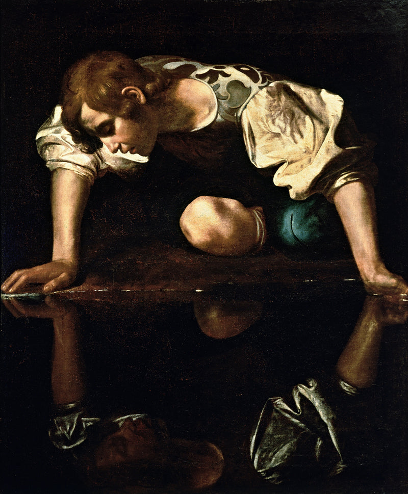 Narcissus by Caravaggio: a young man in a brocade doublet leaning over dark water, gazing at his reflection