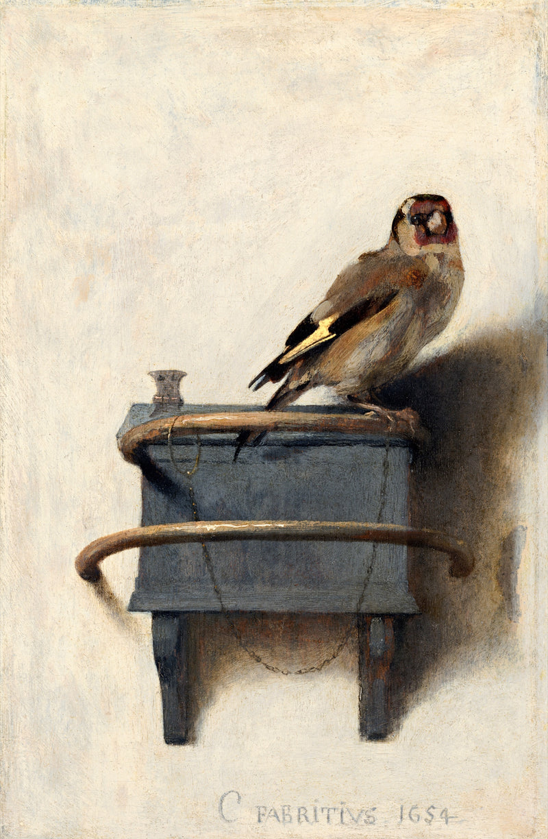 The Goldfinch by Carel Fabritius: a small goldfinch on a wooden perch against a pale plaster wall