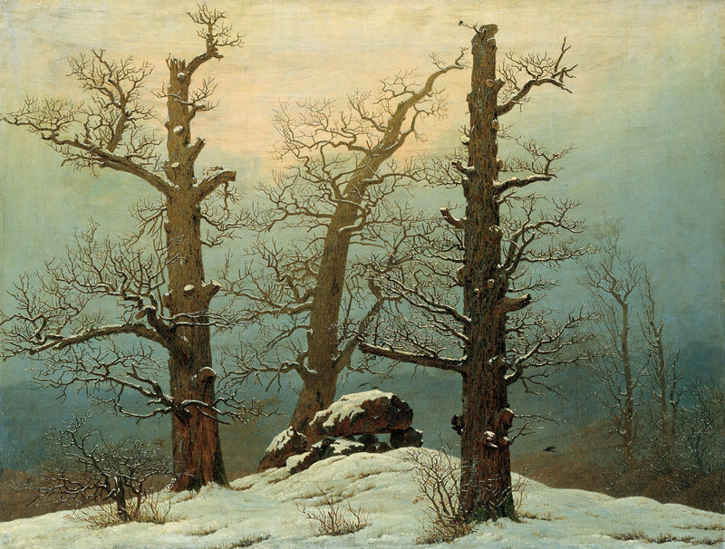 Cairn in Snow by Caspar David Friedrich: an ancient stone grave on a snowy hill among three bare, broken oak trees