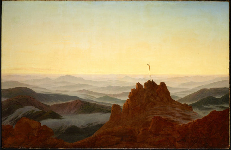 Morning in the Riesengebirge by Caspar David Friedrich: a cross on a red rocky peak above misty blue mountains at sunrise