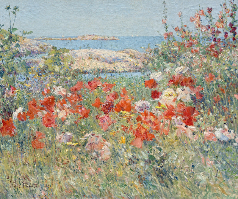 Celia Thaxter’s Garden by Childe Hassam: red and pink poppies in tall grass with pale rocks and the blue sea behind