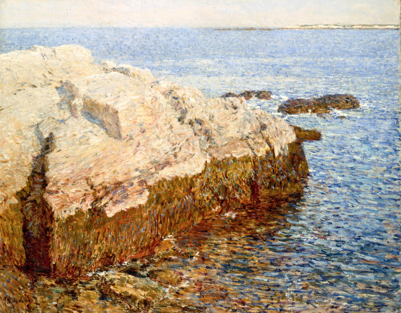 Cliff Rock, Appledore by Childe Hassam: a huge pale sun-bleached rock running into a sparkling blue sea, distant shore beyond